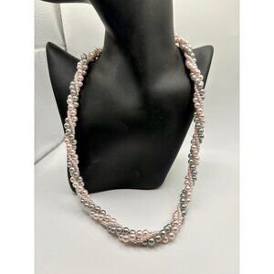 Vintage Triple Strand Twist Faux Pearl Necklace Pink Grey Silver